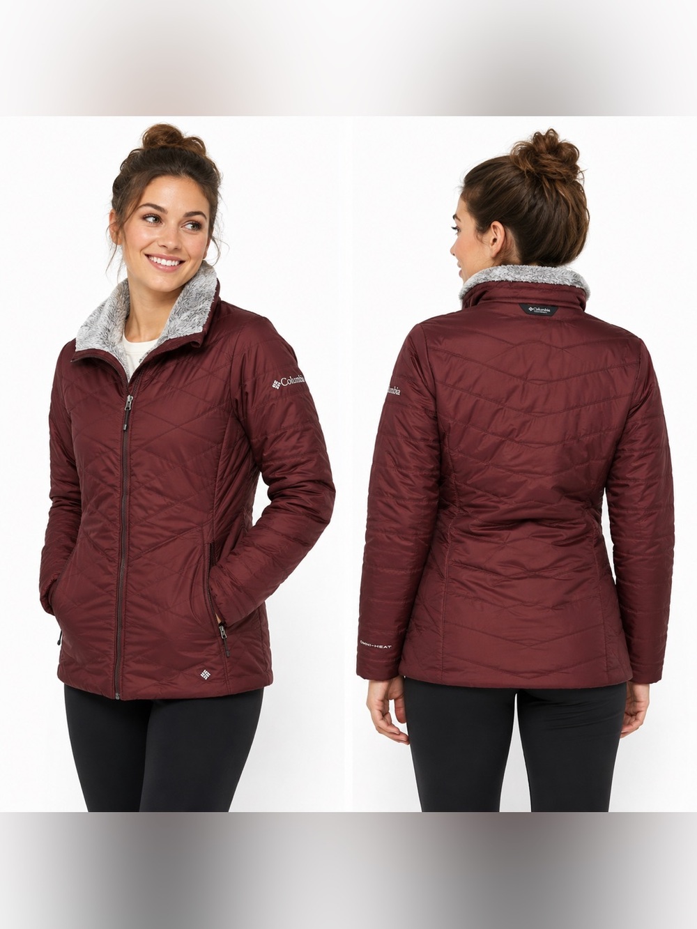 Columbia Women’s Small Burgundy Quilted Puffer Coat Omni-Heat Fleece Collar Zip